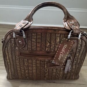 Madi Claire Metallic Bronze Croc Embossed Satchel Zip Shoulder Strap Pockets